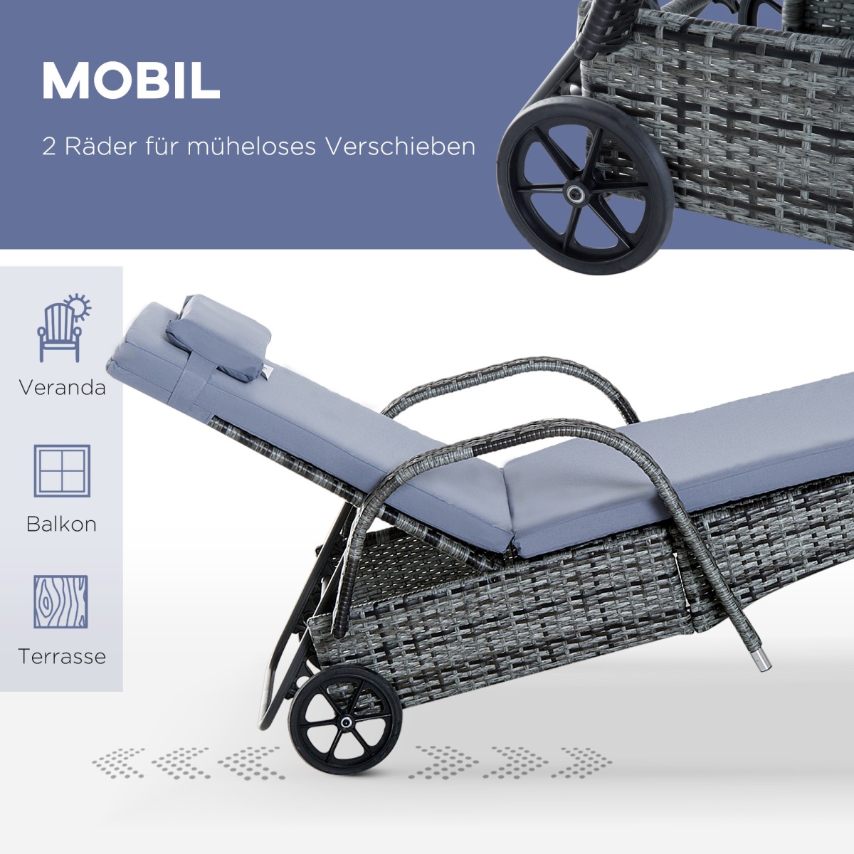 Τραπέζι ξαπλώστρας κήπου σετ 3 επίπλων κήπου, πολυρατάν + μεταλλικό γκρι