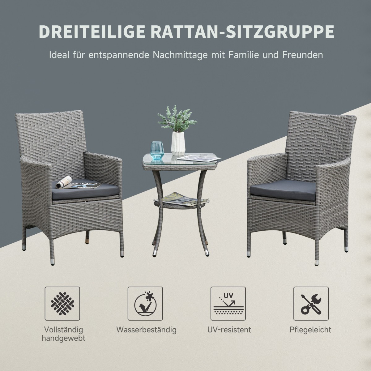 Σετ επίπλων κήπου Polyrattan, έπιπλα εξωτερικού χώρου σαλονιού για 2 άτομα, ομάδα καθισμάτων 3 τεμαχίων, 2 καρέκλες, μαξιλάρια τραπεζοκαθισμάτων, σαλόνι κήπου για κήπο, βεράντα, μπαλκόνι, γκρι
