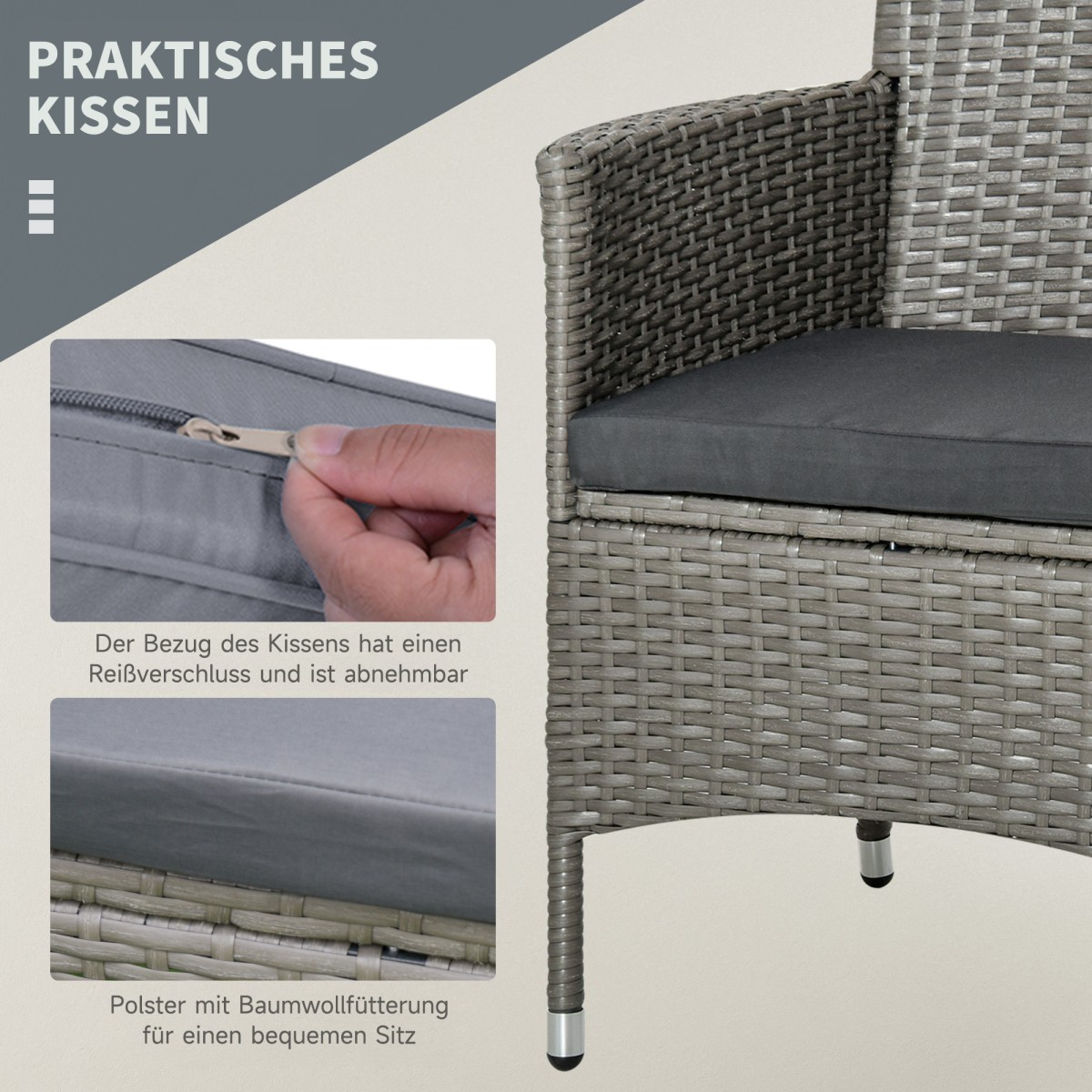 Σετ επίπλων κήπου Polyrattan, έπιπλα εξωτερικού χώρου σαλονιού για 2 άτομα, ομάδα καθισμάτων 3 τεμαχίων, 2 καρέκλες, μαξιλάρια τραπεζοκαθισμάτων, σαλόνι κήπου για κήπο, βεράντα, μπαλκόνι, γκρι