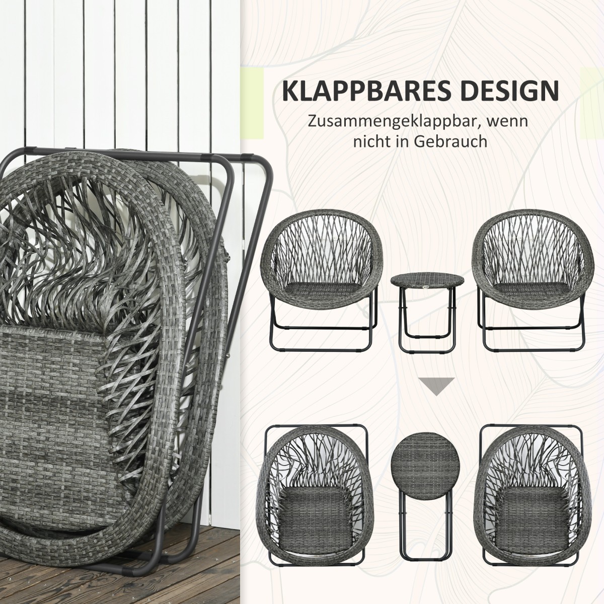 Σετ έπιπλα κήπου 3 τεμαχίων Rattan Look 2 καρέκλες 1 τραπέζι πτυσσόμενο γκρι