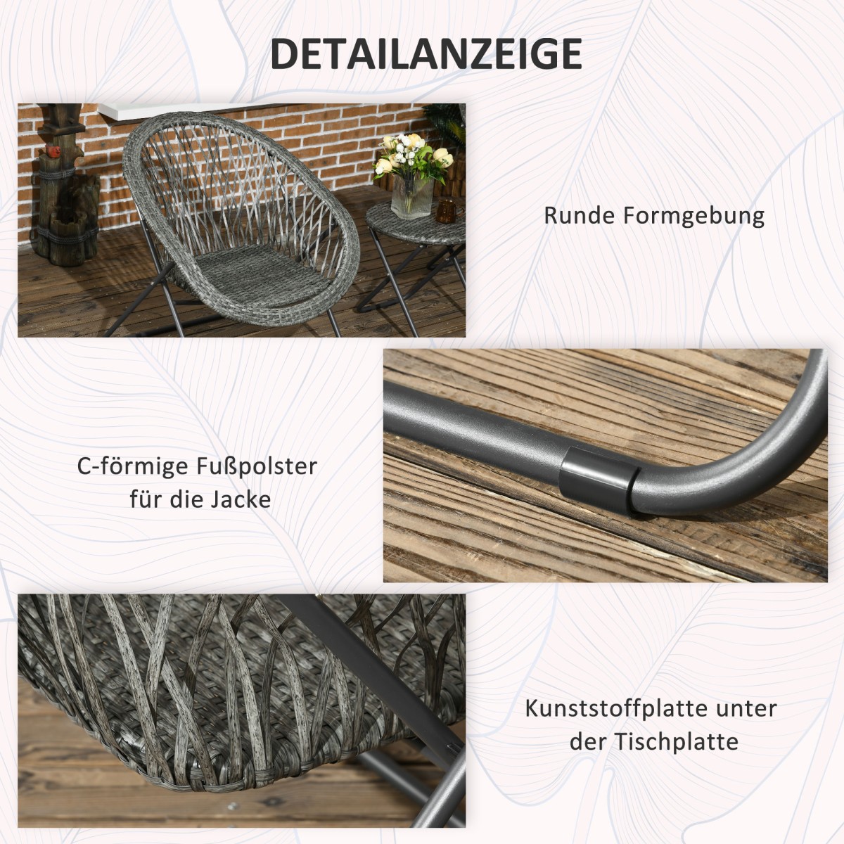 Σετ έπιπλα κήπου 3 τεμαχίων Rattan Look 2 καρέκλες 1 τραπέζι πτυσσόμενο γκρι