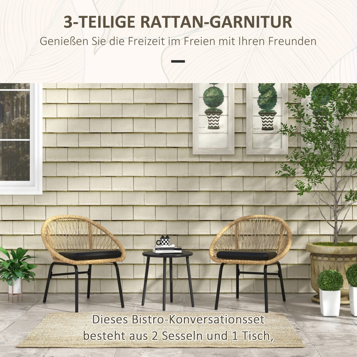 Σετ αυλής Rattan, σετ επίπλων κήπου, 2 πολυθρόνες & τραπέζι, κίτρινο
