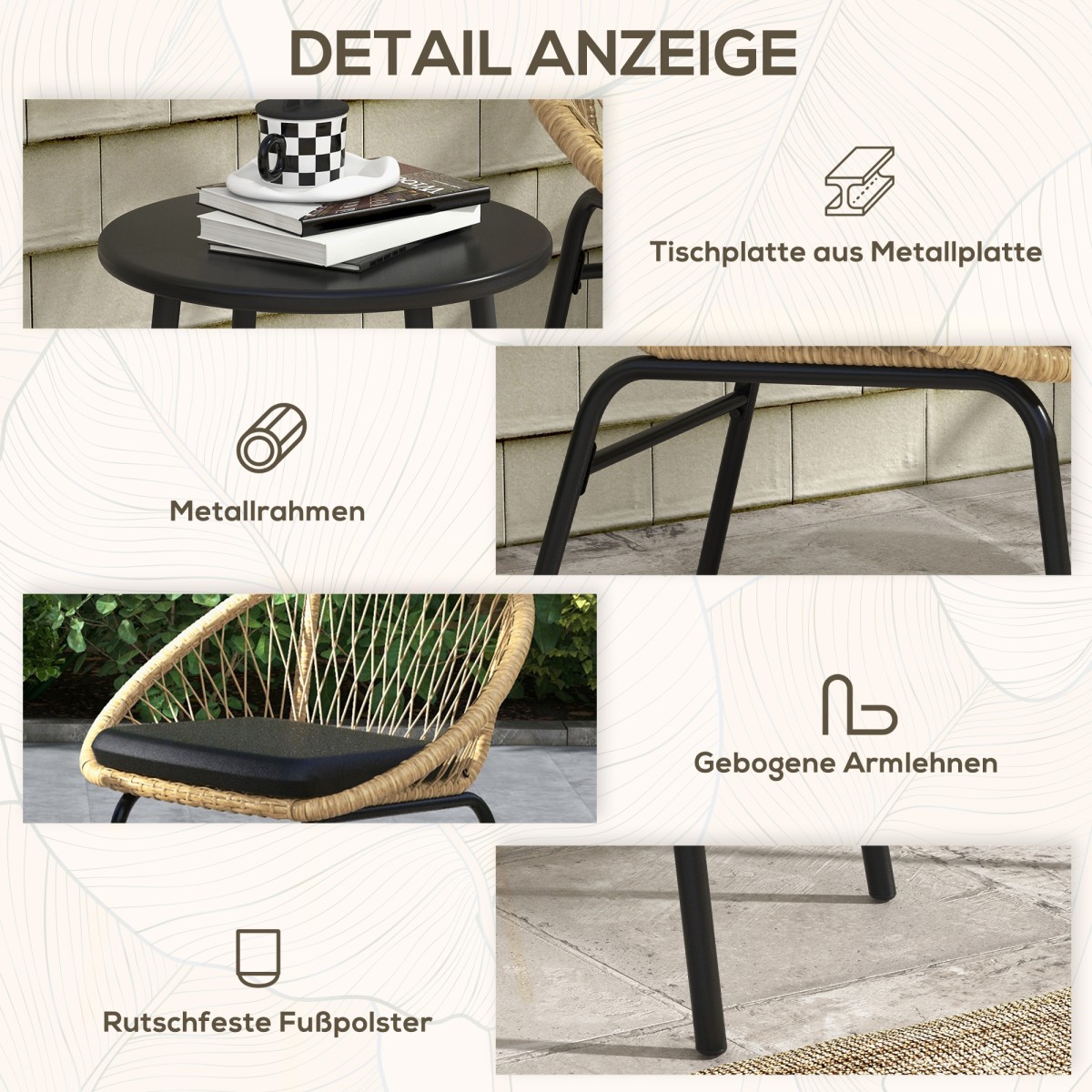 Σετ αυλής Rattan, σετ επίπλων κήπου, 2 πολυθρόνες & τραπέζι, κίτρινο
