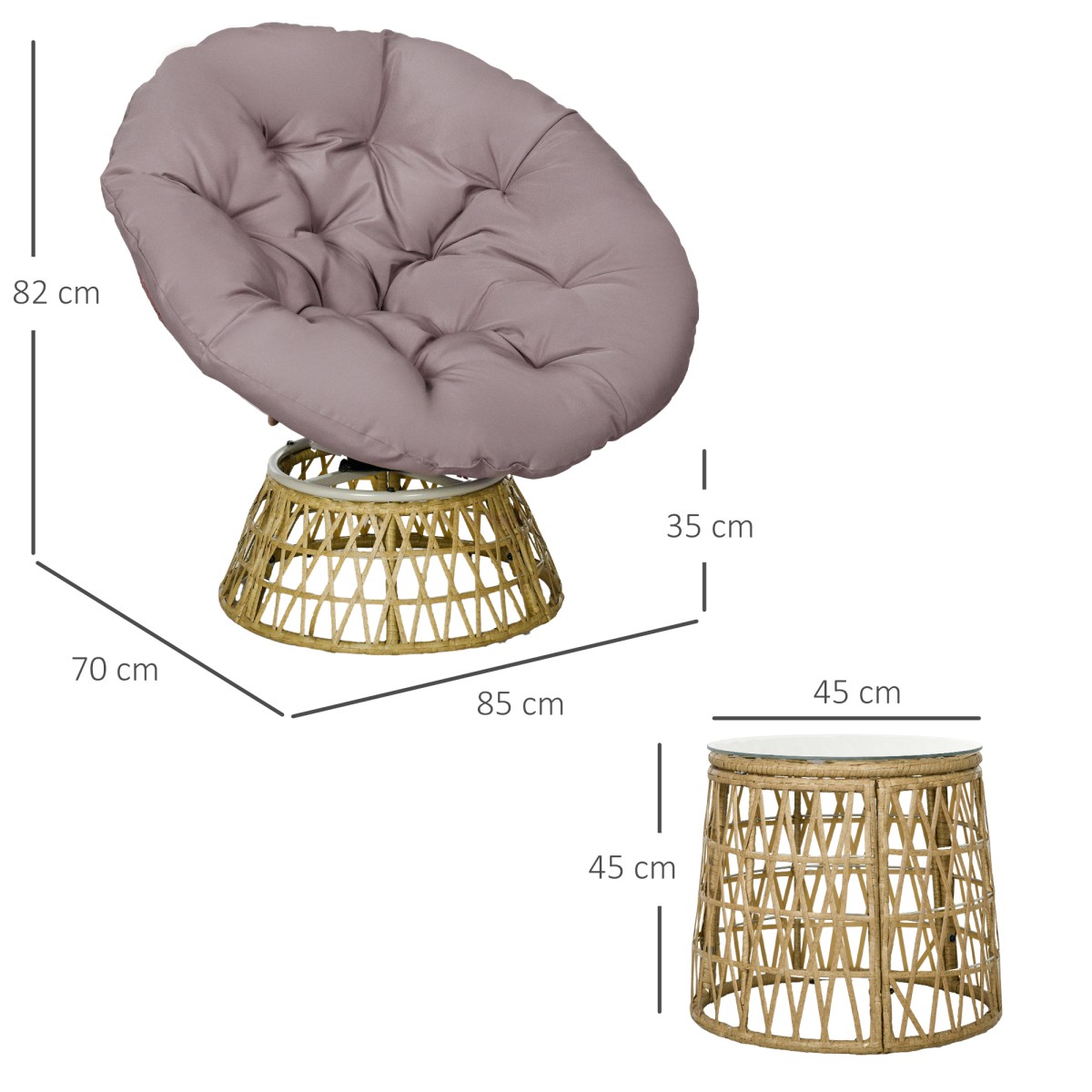 Σετ μπιστρό σετ μπαλκονιού Σετ αίθριο, ανθεκτικό στις καιρικές συνθήκες, αφαιρούμενα μαξιλάρια, 85 cm x 70 cm x 82 cm, φυσικό + ανοιχτό καφέ