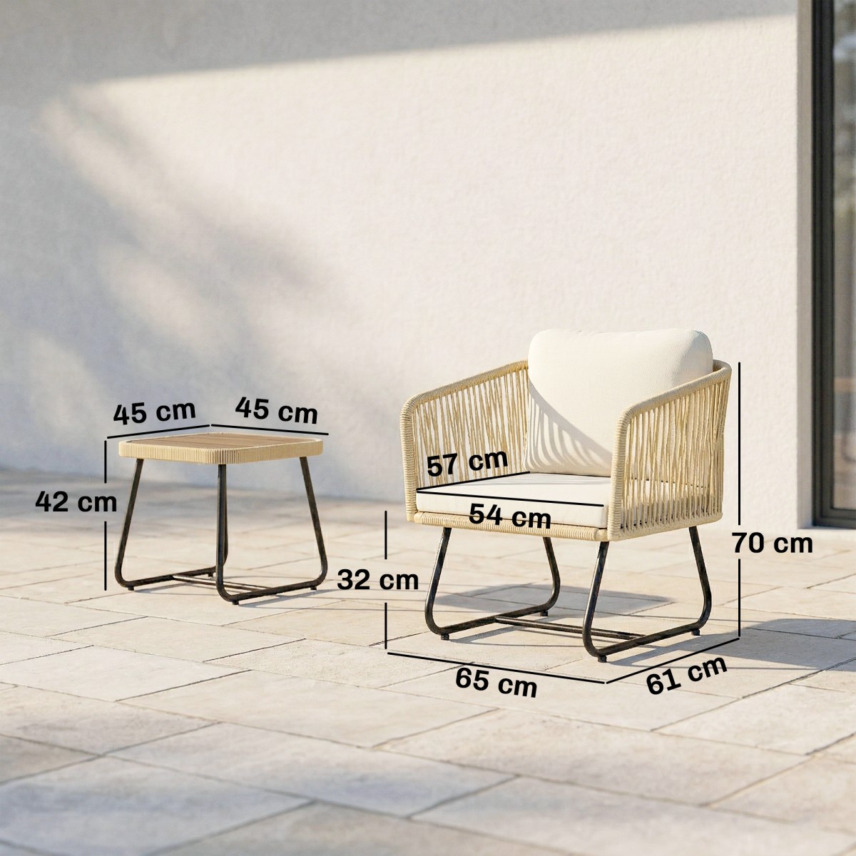 Σετ μπιστρό Rattan Σετ επίπλων κήπου FSC 3 τεμαχίων με 2 πολυθρόνες, ξύλινο τραπέζι με πηχάκια, χοντρά μαξιλάρια που πλένονται, ατσάλινο σκελετό