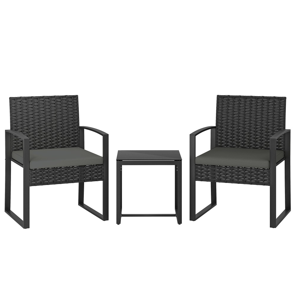Σετ μπιστρό Rattan, σετ επίπλων κήπου 3 τεμαχίων με 2 καρέκλες κήπου, τραπεζάκι σαλονιού, αφαιρούμενα μαξιλάρια σκούρο γκρι
