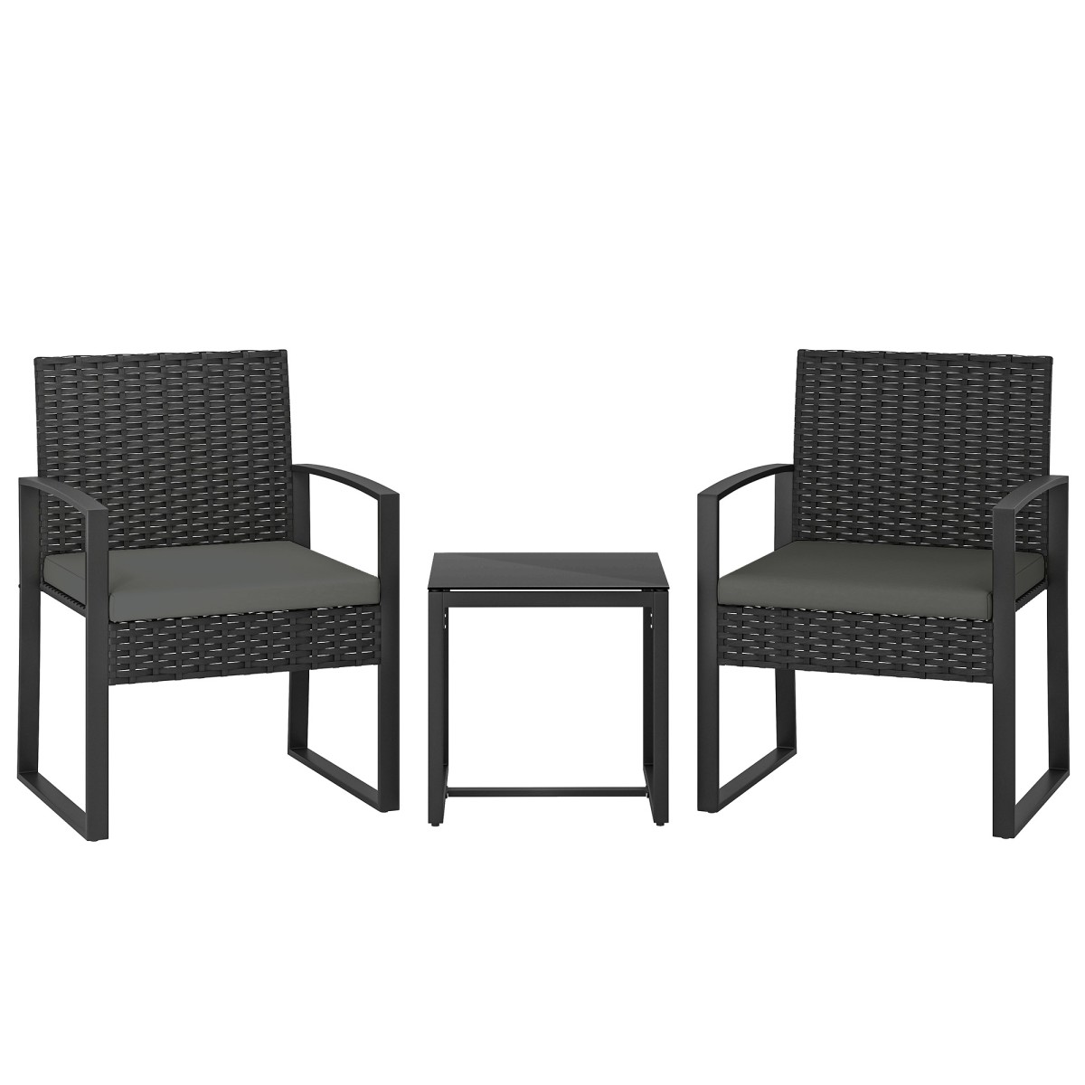 Σετ μπιστρό Rattan, σετ επίπλων κήπου 3 τεμαχίων με 2 καρέκλες κήπου, τραπεζάκι σαλονιού, αφαιρούμενα μαξιλάρια σκούρο γκρι
