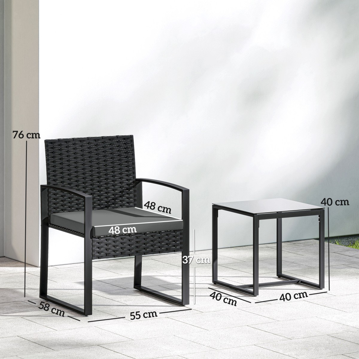 Σετ μπιστρό Rattan, σετ επίπλων κήπου 3 τεμαχίων με 2 καρέκλες κήπου, τραπεζάκι σαλονιού, αφαιρούμενα μαξιλάρια σκούρο γκρι