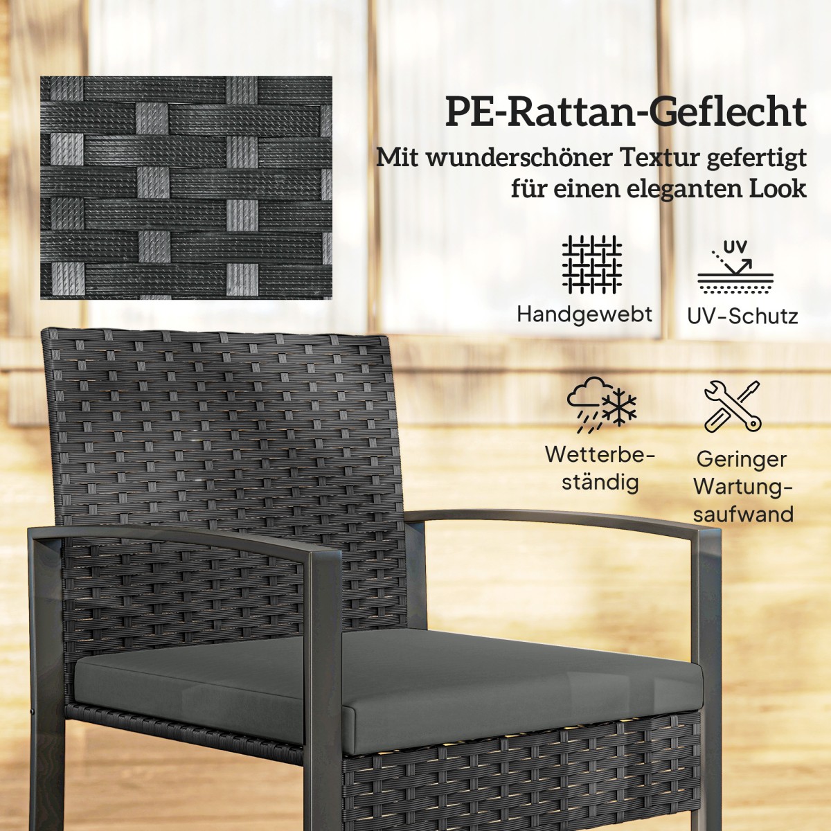 Σετ μπιστρό Rattan, σετ επίπλων κήπου 3 τεμαχίων με 2 καρέκλες κήπου, τραπεζάκι σαλονιού, αφαιρούμενα μαξιλάρια σκούρο γκρι