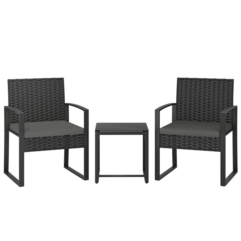 Σετ μπιστρό Rattan, σετ επίπλων κήπου 3 τεμαχίων με 2 καρέκλες κήπου, τραπεζάκι σαλονιού, αφαιρούμενα μαξιλάρια σκούρο γκρι