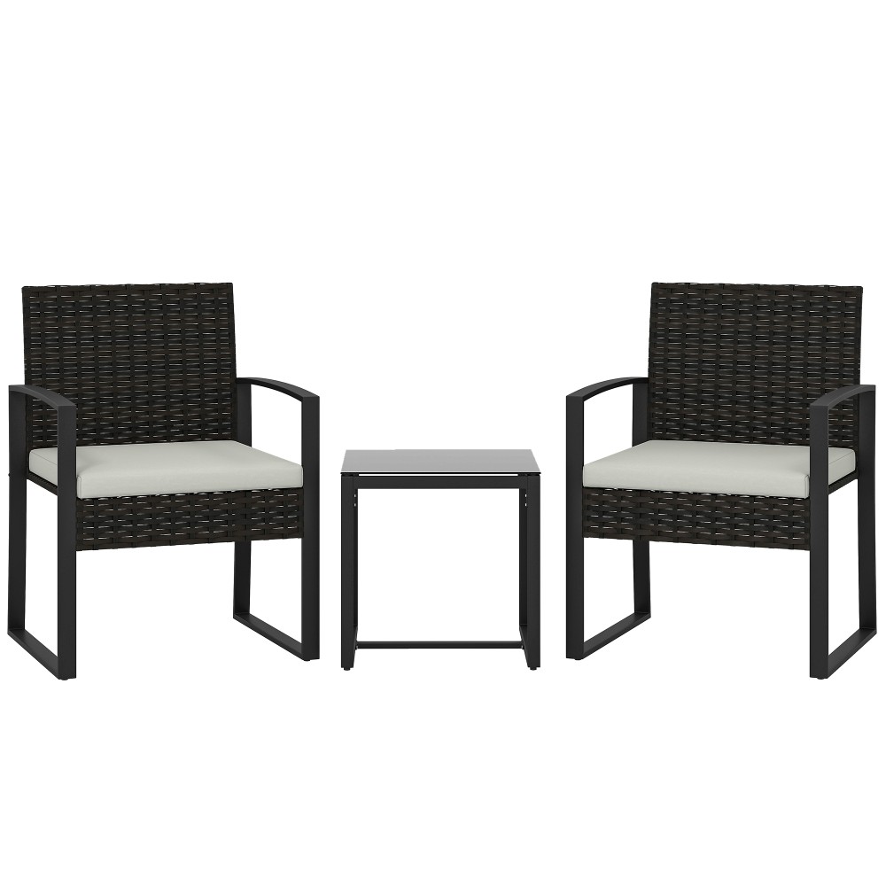 Σετ μπιστρό Rattan, σετ επίπλων κήπου 3 τεμαχίων με 2 καρέκλες κήπου, τραπεζάκι σαλονιού, αποσπώμενα μαξιλάρια κρεμ λευκό
