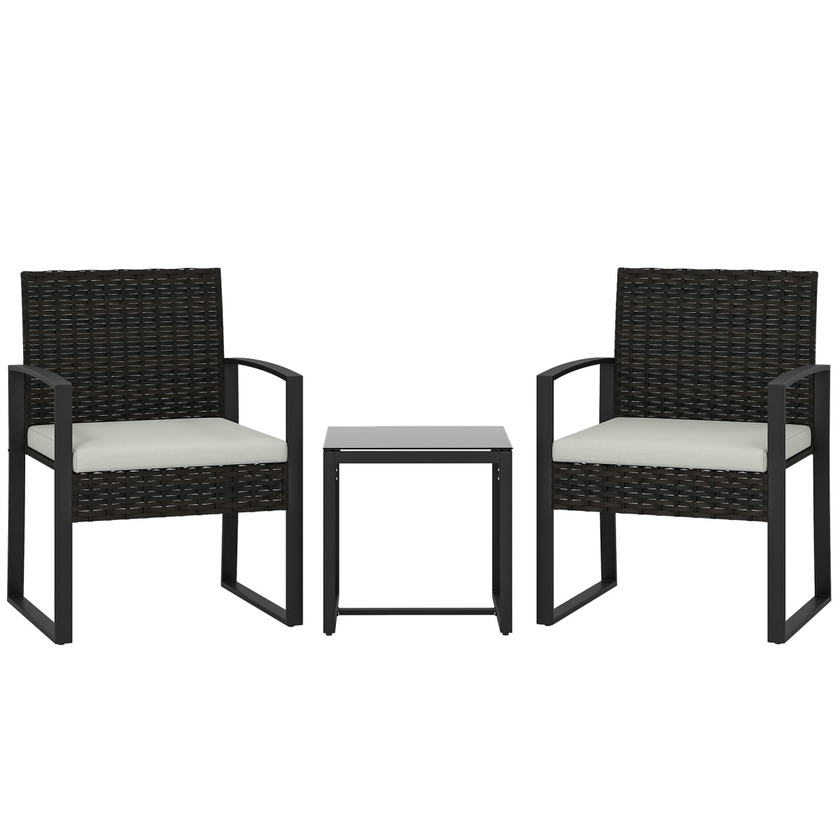 Σετ μπιστρό Rattan, σετ επίπλων κήπου 3 τεμαχίων με 2 καρέκλες κήπου, τραπεζάκι σαλονιού, αποσπώμενα μαξιλάρια κρεμ λευκό