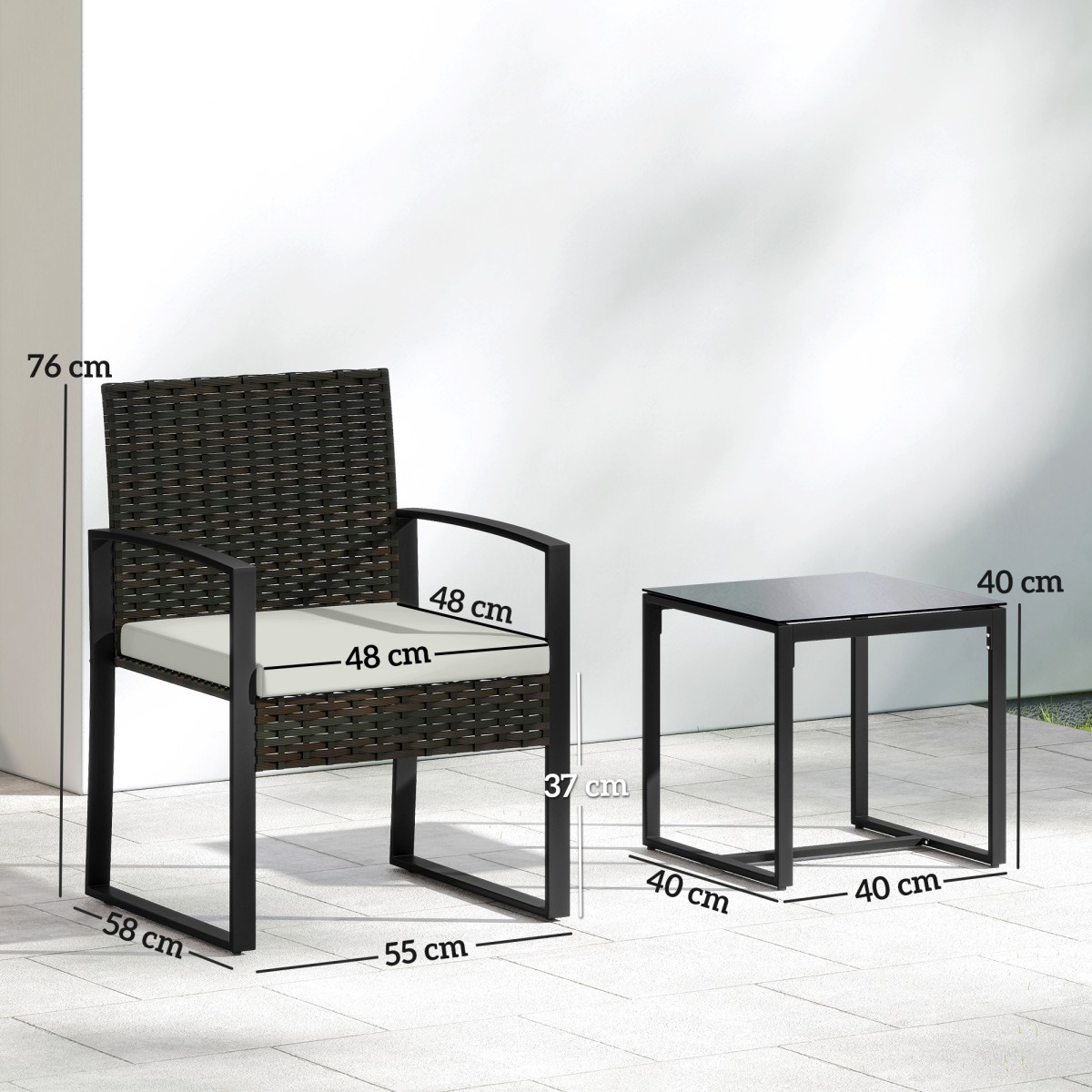 Σετ μπιστρό Rattan, σετ επίπλων κήπου 3 τεμαχίων με 2 καρέκλες κήπου, τραπεζάκι σαλονιού, αποσπώμενα μαξιλάρια κρεμ λευκό