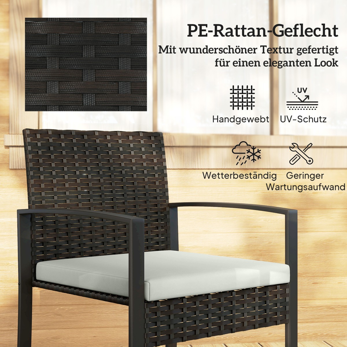 Σετ μπιστρό Rattan, σετ επίπλων κήπου 3 τεμαχίων με 2 καρέκλες κήπου, τραπεζάκι σαλονιού, αποσπώμενα μαξιλάρια κρεμ λευκό