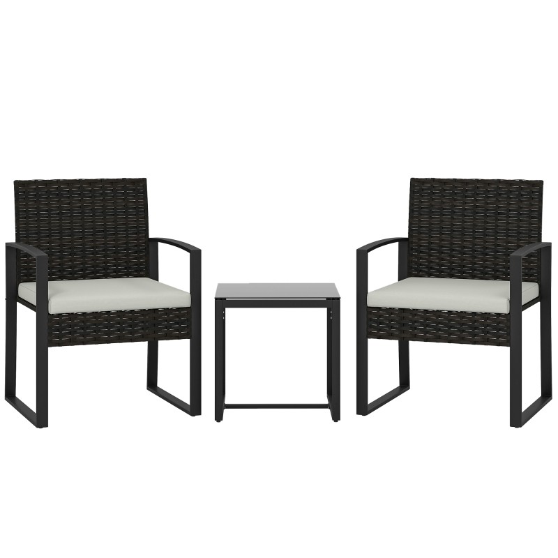 Σετ μπιστρό Rattan, σετ επίπλων κήπου 3 τεμαχίων με 2 καρέκλες κήπου, τραπεζάκι σαλονιού, αποσπώμενα μαξιλάρια κρεμ λευκό