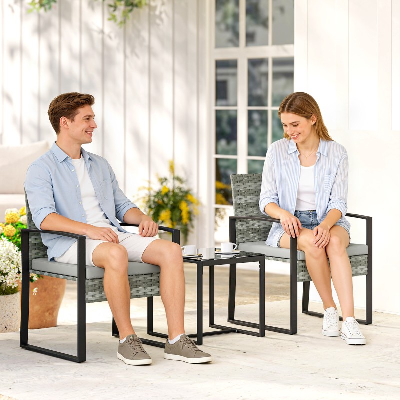 Σετ μπιστρό Rattan, σετ επίπλων κήπου 3 τεμαχίων με 2 καρέκλες κήπου, τραπεζάκι σαλονιού, αφαιρούμενα μαξιλάρια ανοιχτό γκρι