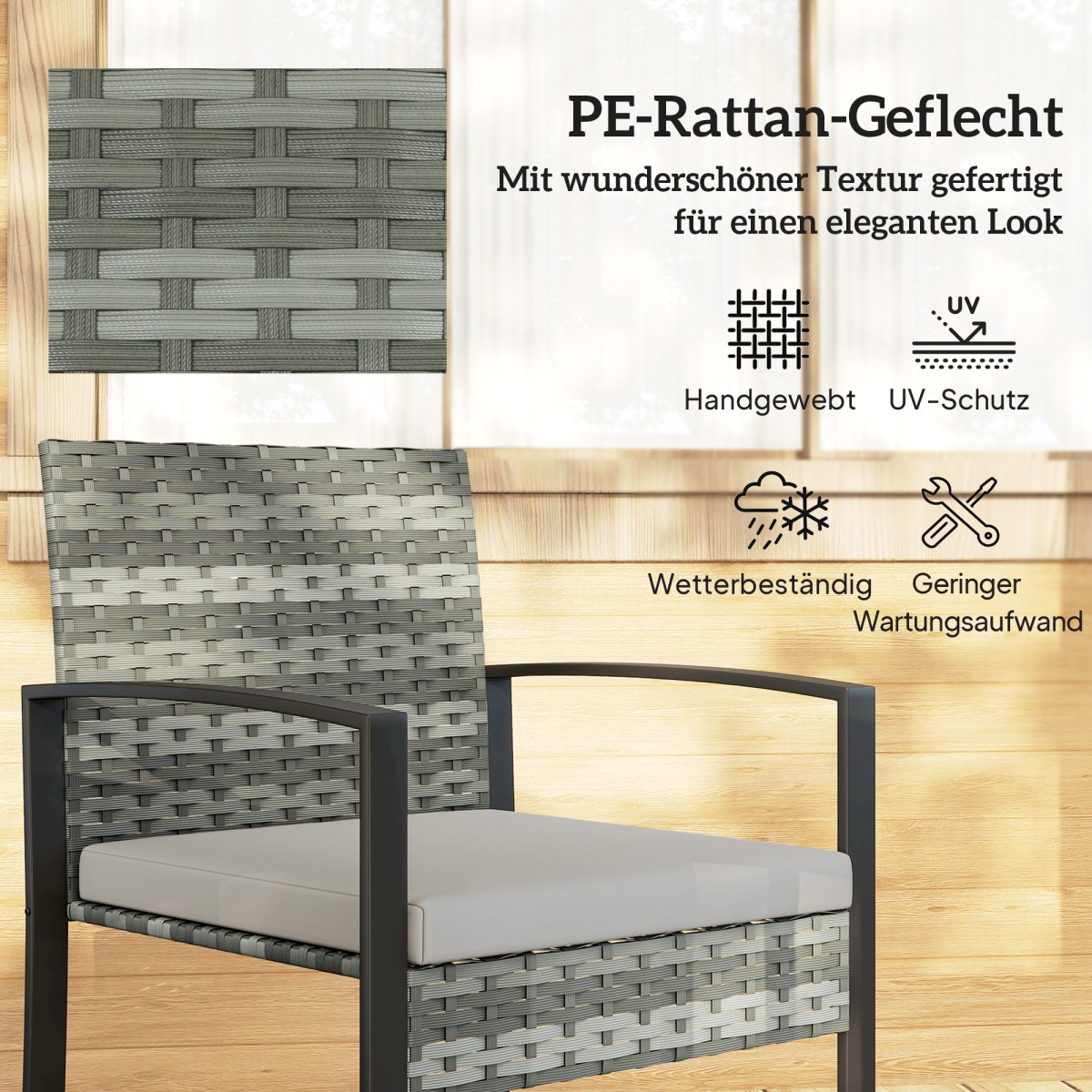 Σετ μπιστρό Rattan, σετ επίπλων κήπου 3 τεμαχίων με 2 καρέκλες κήπου, τραπεζάκι σαλονιού, αφαιρούμενα μαξιλάρια ανοιχτό γκρι