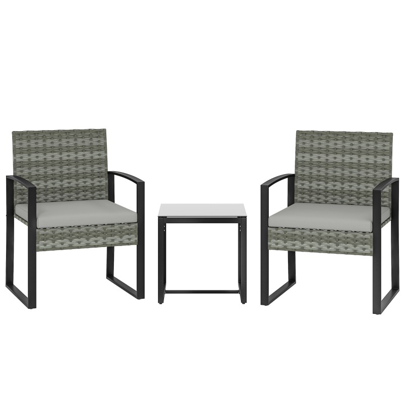 Σετ μπιστρό Rattan, σετ επίπλων κήπου 3 τεμαχίων με 2 καρέκλες κήπου, τραπεζάκι σαλονιού, αφαιρούμενα μαξιλάρια ανοιχτό γκρι