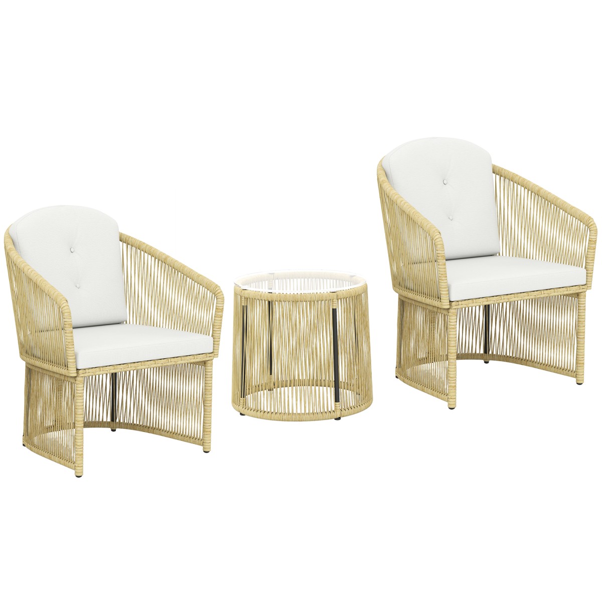 Σετ Rattan Bistro, Σετ επίπλων κήπου 3 τεμαχίων με στρογγυλό γυάλινο τραπέζι, πολυθρόνες και μαξιλάρια, κρεμ Λευκό