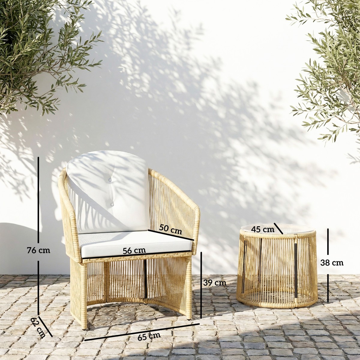 Σετ Rattan Bistro, Σετ επίπλων κήπου 3 τεμαχίων με στρογγυλό γυάλινο τραπέζι, πολυθρόνες και μαξιλάρια, κρεμ Λευκό