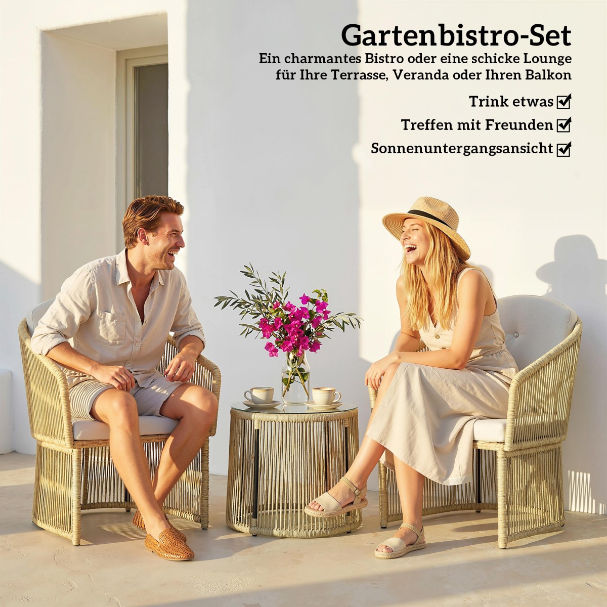 Σετ Rattan Bistro, Σετ επίπλων κήπου 3 τεμαχίων με στρογγυλό γυάλινο τραπέζι, πολυθρόνες και μαξιλάρια, κρεμ Λευκό