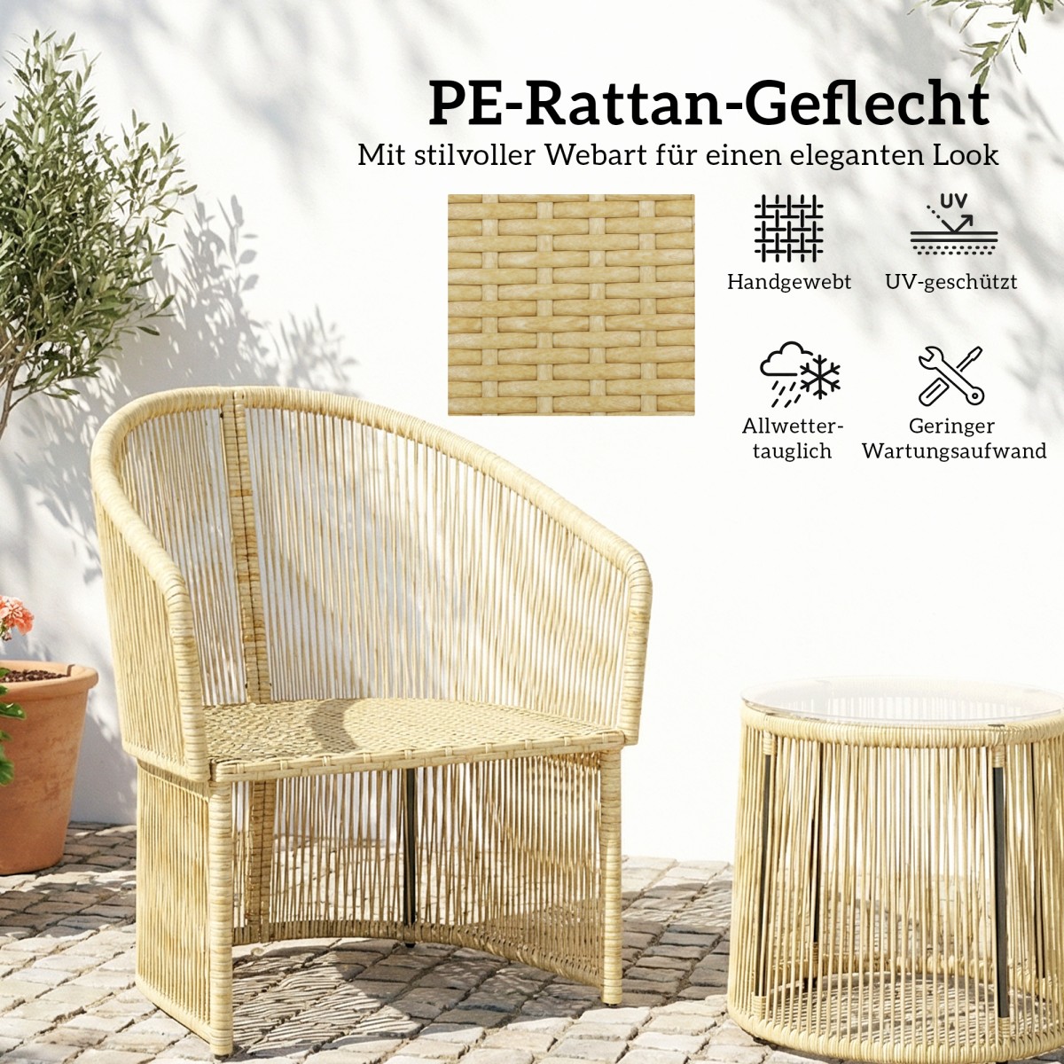Σετ Rattan Bistro, Σετ επίπλων κήπου 3 τεμαχίων με στρογγυλό γυάλινο τραπέζι, πολυθρόνες και μαξιλάρια, κρεμ Λευκό