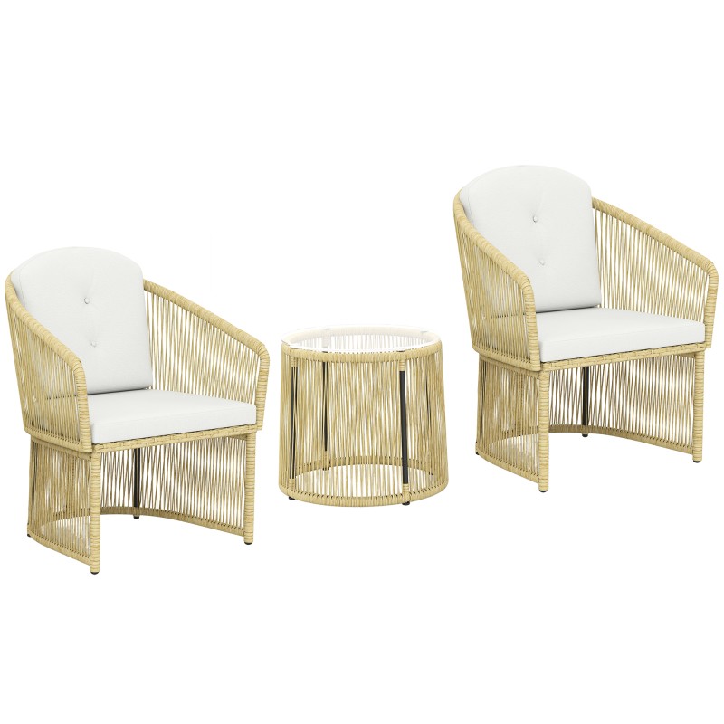Σετ Rattan Bistro, Σετ επίπλων κήπου 3 τεμαχίων με στρογγυλό γυάλινο τραπέζι, πολυθρόνες και μαξιλάρια, κρεμ Λευκό