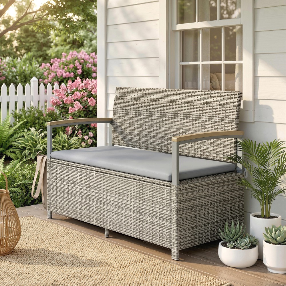 Πάγκος κήπου polyrattan 170L Πάγκος 2 θέσεων με αποθηκευτικό χώρο, αφαιρούμενο μαξιλάρι, εσωτερική επένδυση με φερμουάρ, ξύλινο υποβραχιόνιο