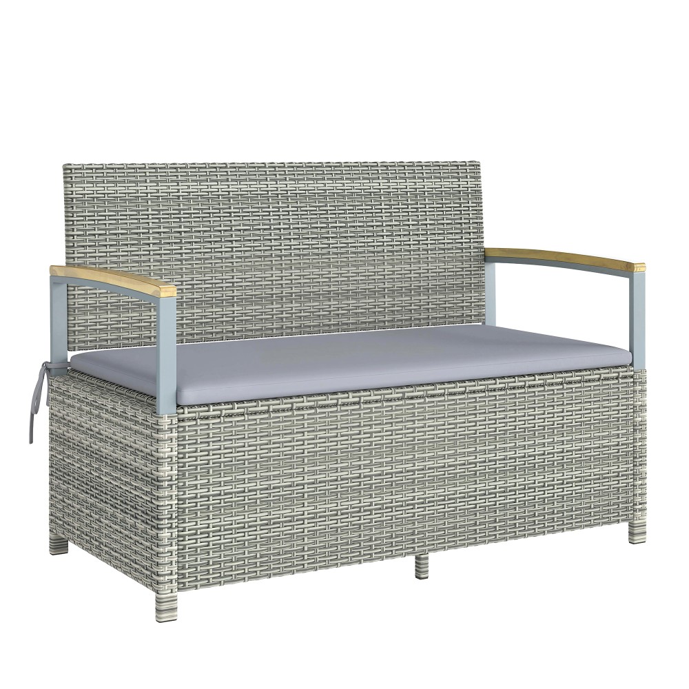 Πάγκος κήπου polyrattan 170L Πάγκος 2 θέσεων με αποθηκευτικό χώρο, αφαιρούμενο μαξιλάρι, εσωτερική επένδυση με φερμουάρ, ξύλινο υποβραχιόνιο