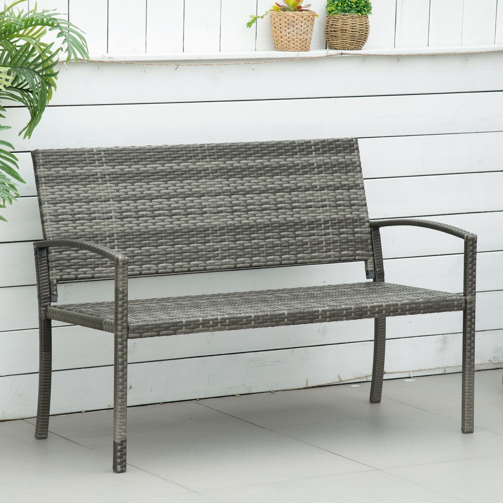 Πάγκος κήπου, σε όψη rattan, με ατσάλινο σκελετό, για 2 άτομα, καφέ, 122 x 60 x 87 cm