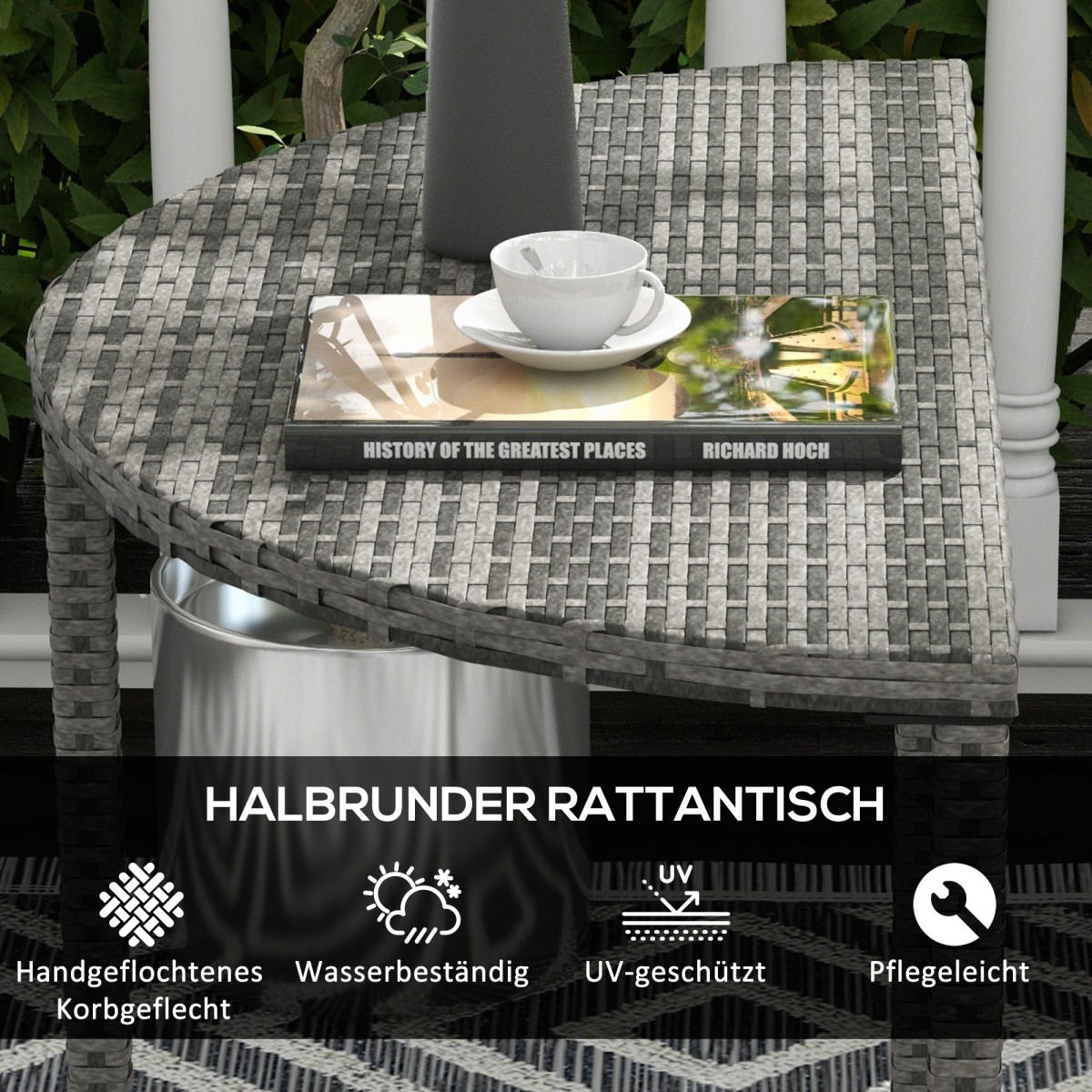 Τραπέζι μπαλκονιού, μισό στρογγυλό, polyrattan+metal, 100x50x74 cm, γκρι