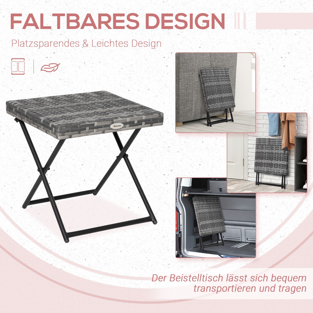 Βοηθητικό τραπέζι από polyrattan, πτυσσόμενο τραπεζάκι σαλονιού, τραπεζάκι σαλονιού, δίσκος, τραπέζι μπαλκονιού, τραπέζι κήπου, τραπεζάκι καναπέ, τραπεζάκι τσαγιού, έπιπλα κήπου, τραπέζι ρατάν για κήπο, βεράντα, μπαλκόνι, 40x40x40cm γκρι