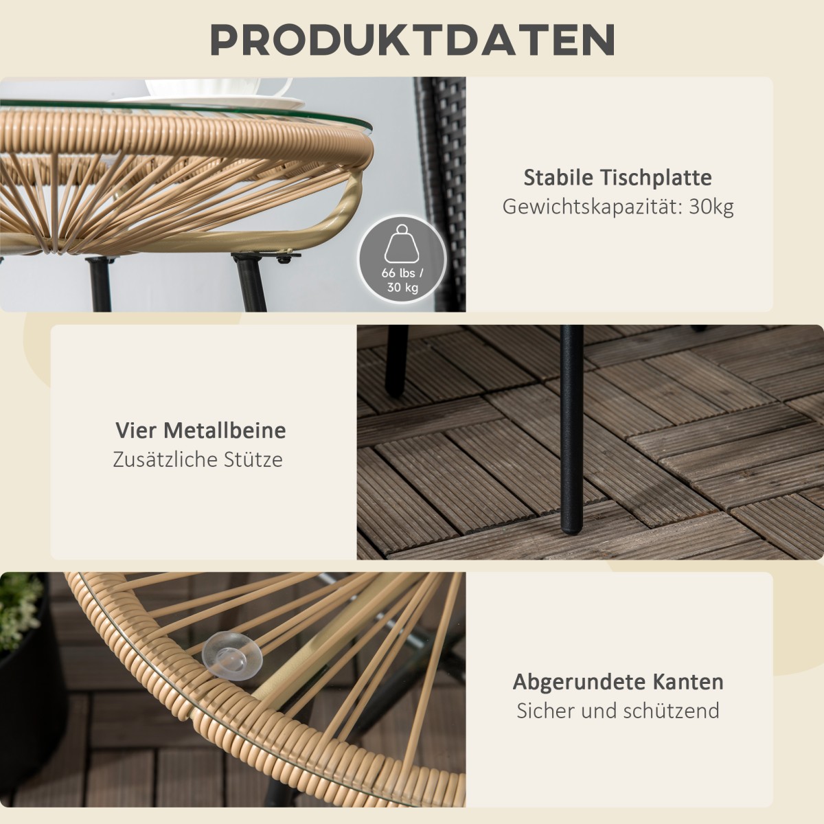 Τραπέζι κήπου από PE Rattan Style, ανθεκτικό στις καιρικές συνθήκες, 50cm x 50cm x 50cm Μπεζ