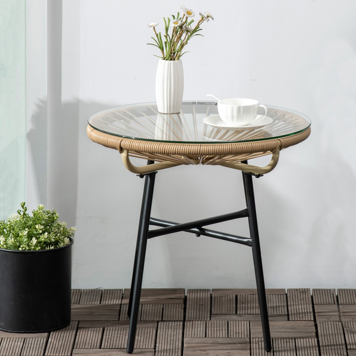 Τραπέζι κήπου από PE Rattan Style, ανθεκτικό στις καιρικές συνθήκες, 50cm x 50cm x 50cm Μπεζ