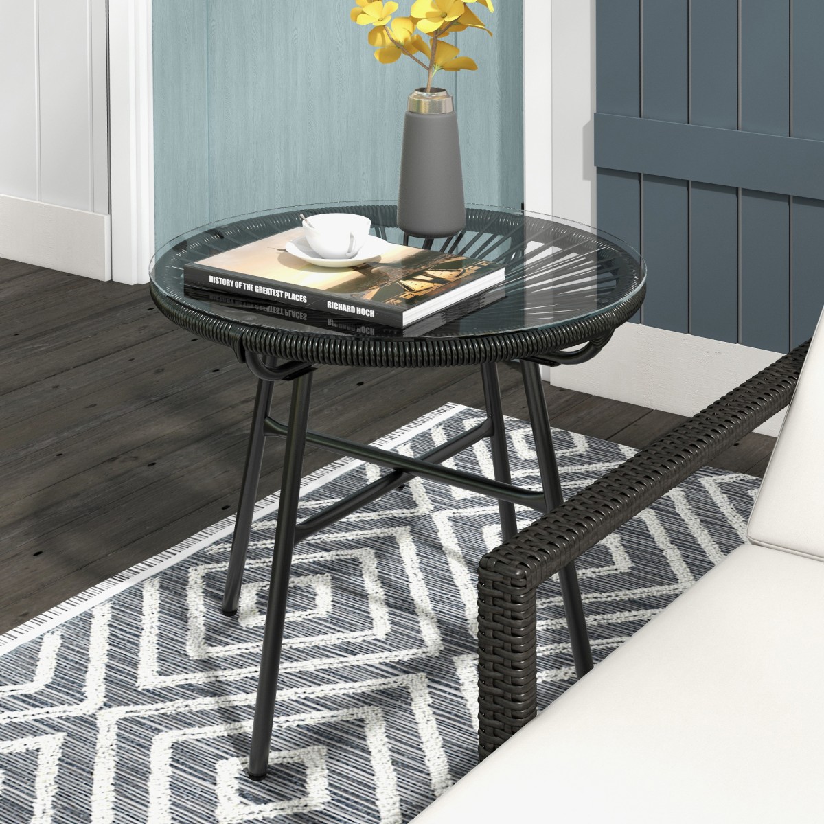 Τραπέζι κήπου Boho Style Βοηθητικό τραπέζι εξωτερικού χώρου PE Rattan Tempered Glass Ανθεκτικό στις καιρικές συνθήκες 50cm x 50cm x 50cm Μαύρο