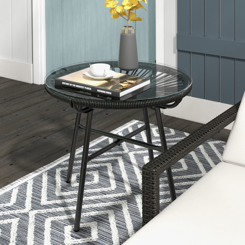 Τραπέζι κήπου Boho Style Βοηθητικό τραπέζι εξωτερικού χώρου PE Rattan Tempered Glass Ανθεκτικό στις καιρικές συνθήκες 50cm x 50cm x 50cm Μαύρο
