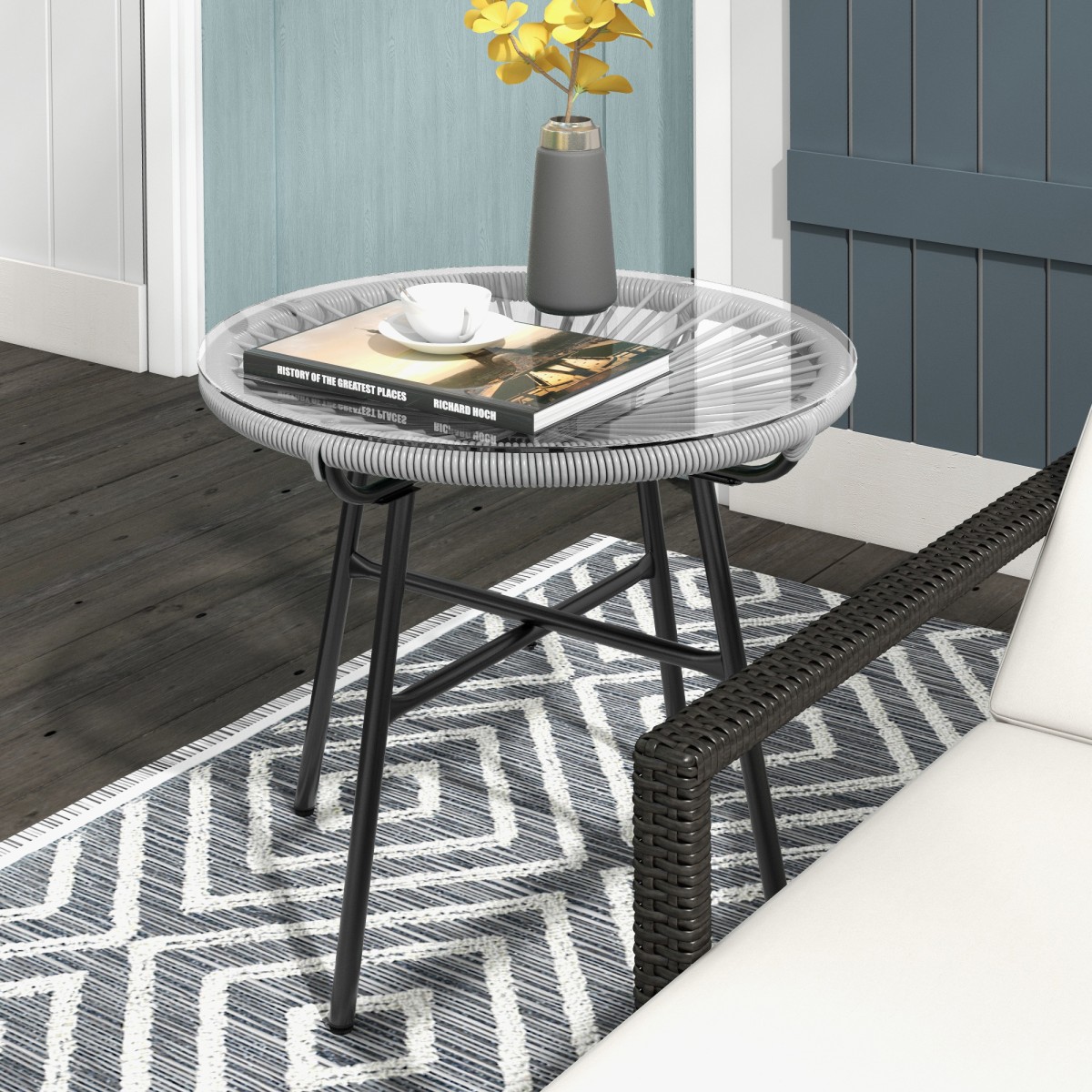 Τραπέζι κήπου Boho Style Βοηθητικό τραπέζι εξωτερικού χώρου PE Rattan Tempered Glass Ανθεκτικό στις καιρικές συνθήκες 50cm x 50cm x 50cm Γκρι
