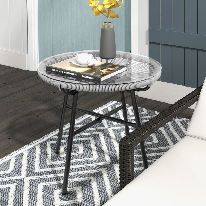 Τραπέζι κήπου Boho Style Βοηθητικό τραπέζι εξωτερικού χώρου PE Rattan Tempered Glass Ανθεκτικό στις καιρικές συνθήκες 50cm x 50cm x 50cm Γκρι