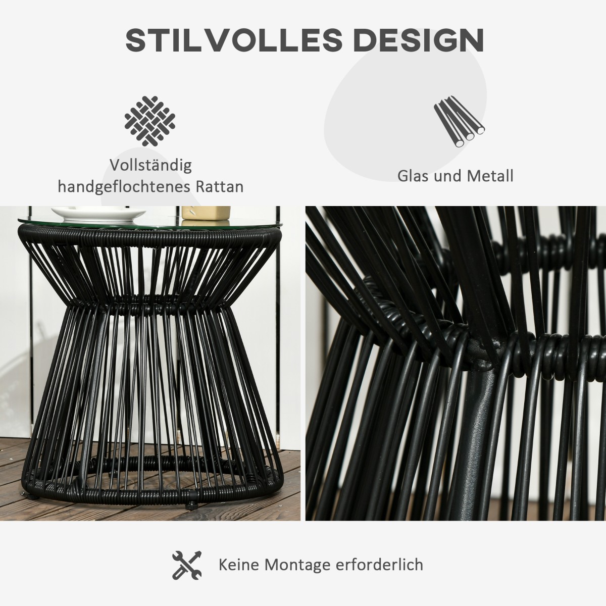 Τραπέζι κήπου PE Rattan Style Boho Weather Resistant 40cm x 40cm x 42cm Μαύρο