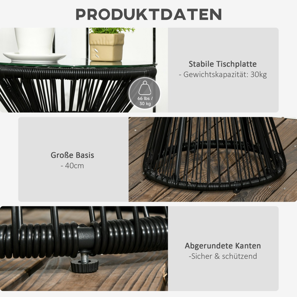 Τραπέζι κήπου PE Rattan Style Boho Weather Resistant 40cm x 40cm x 42cm Μαύρο