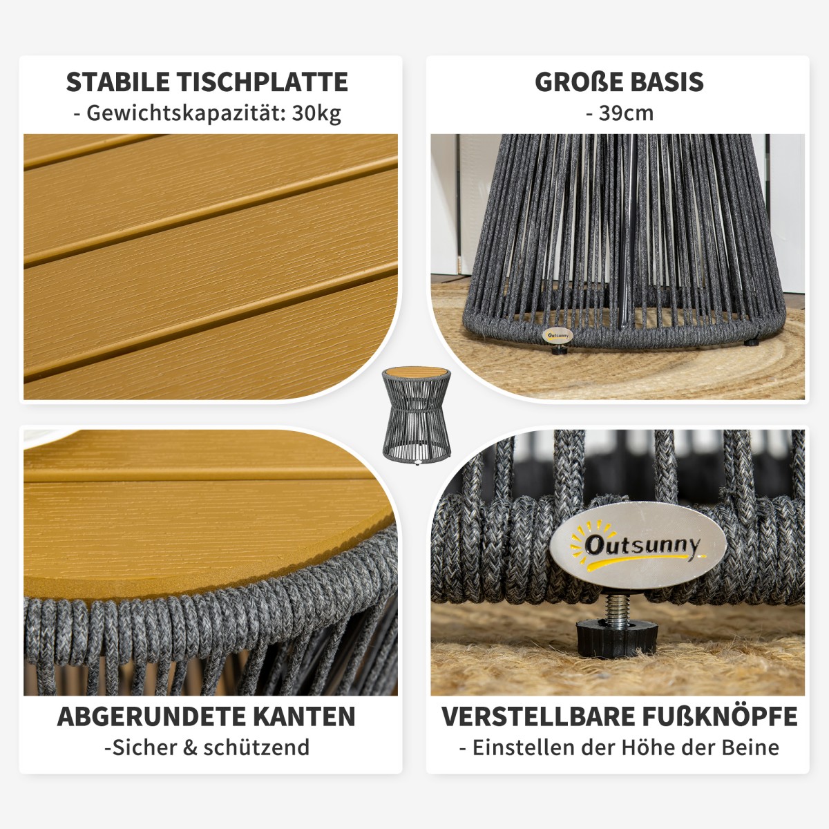 Τραπέζι κήπου PE Rattan Style Boho Weather Resistant 39cm x 39cm x 49cm Μαύρο + Φυσικό