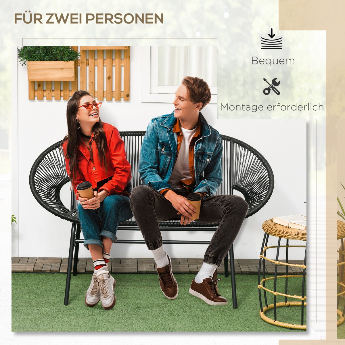 Rattansessel Relaxsessel im Boho-Stil, 132 cm x 72 cm x 83 cm, Schwarz