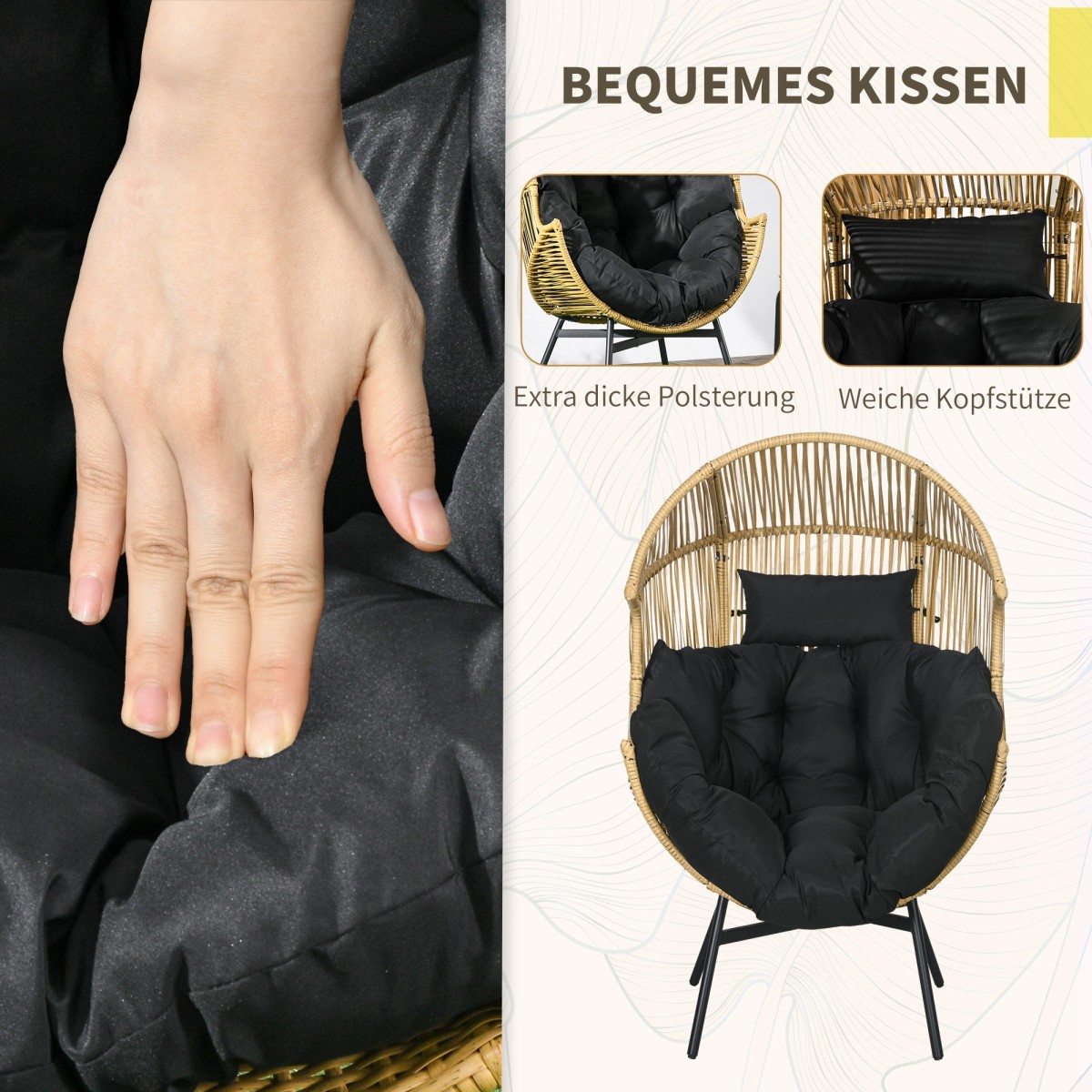 Πολυθρόνα Rattan, πολυθρόνα εξωτερικού χώρου, πολυθρόνα κήπου, PE rattan, 89 cm x 75 cm x 143 cm, φυσικό + μαύρο