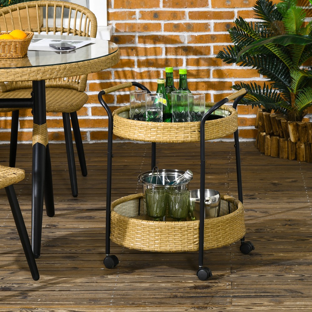 Καρότσι σερβιρίσματος εξωτερικού χώρου, 2 επιπέδων, φρένα, polyrattan, μεταλλικός σκελετός, Φ50 x 66H cm, κίτρινο