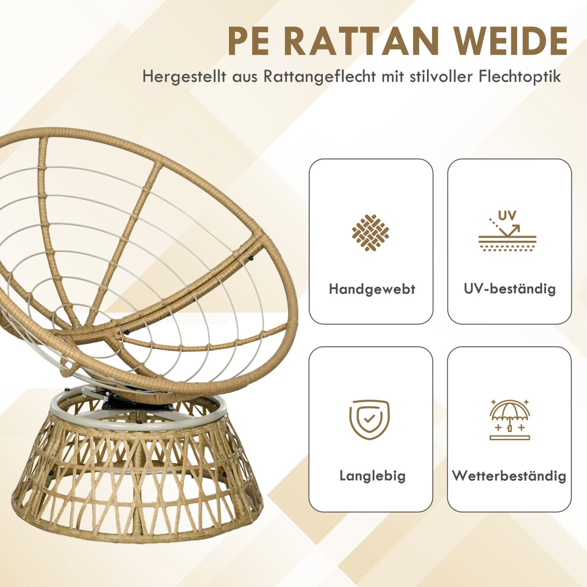 Ψάθινη καρέκλα Rattan Πολυθρόνα εξωτερικού χώρου Boho Style Ανθεκτική στις καιρικές συνθήκες 85cm x 70cm x 82cm Κρέμα + Φυσική