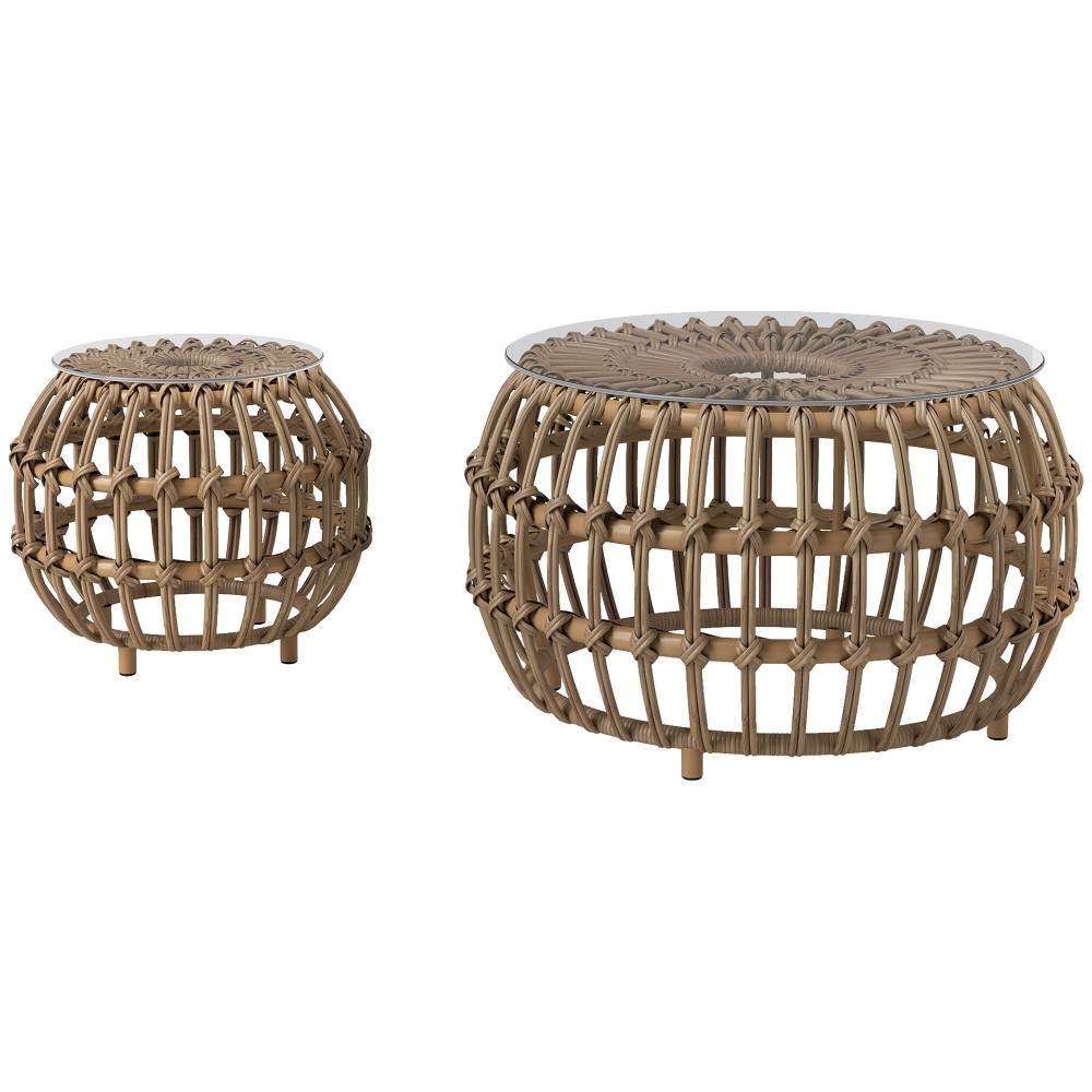 Σετ 2 βοηθητικά τραπεζάκια polyrattan Ø66/42 cm στρογγυλό αδιάβροχο τραπέζι κήπου με γυάλινη επιφάνεια καφέ
