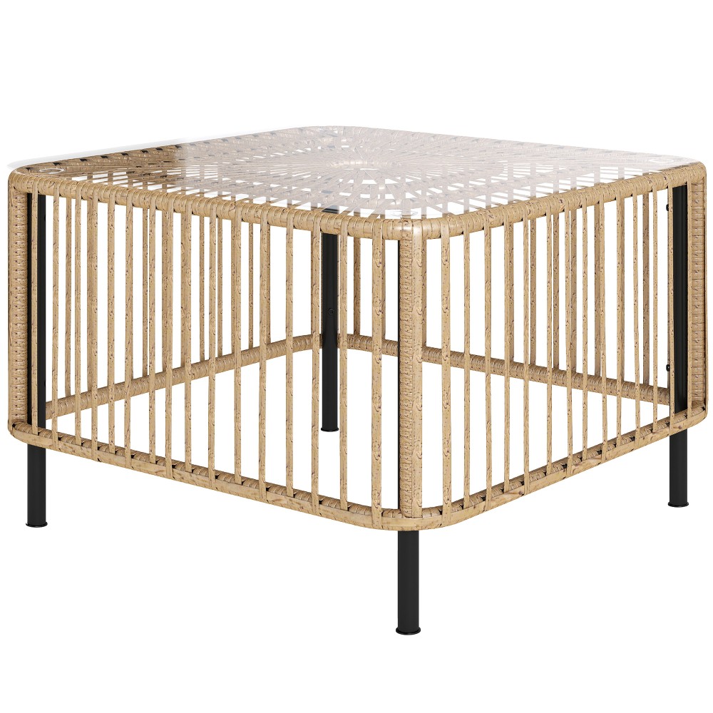 Τραπέζι κήπου Polyrattan, 65 x 65 x 43 cm, αδιάβροχο τετράγωνο βοηθητικό τραπέζι με γυάλινη επιφάνεια από φυσικό ξύλο