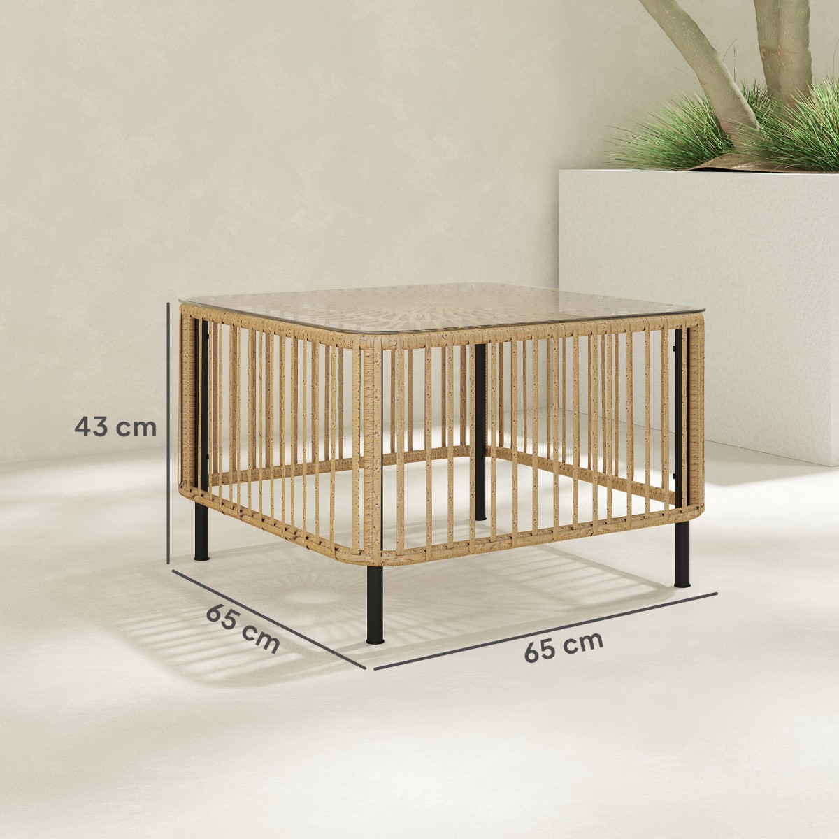 Τραπέζι κήπου Polyrattan, 65 x 65 x 43 cm, αδιάβροχο τετράγωνο βοηθητικό τραπέζι με γυάλινη επιφάνεια από φυσικό ξύλο