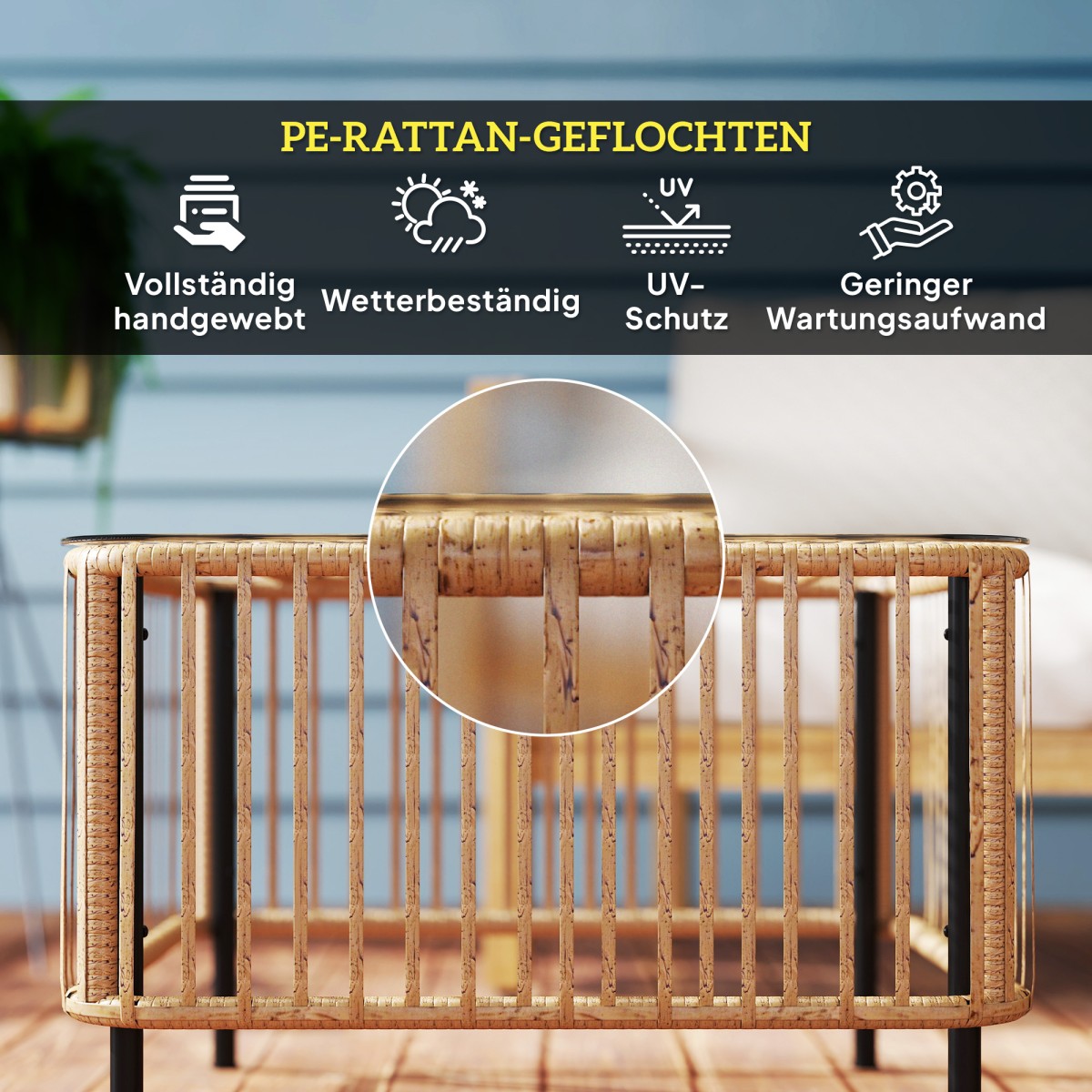 Τραπέζι κήπου Polyrattan, 65 x 65 x 43 cm, αδιάβροχο τετράγωνο βοηθητικό τραπέζι με γυάλινη επιφάνεια από φυσικό ξύλο