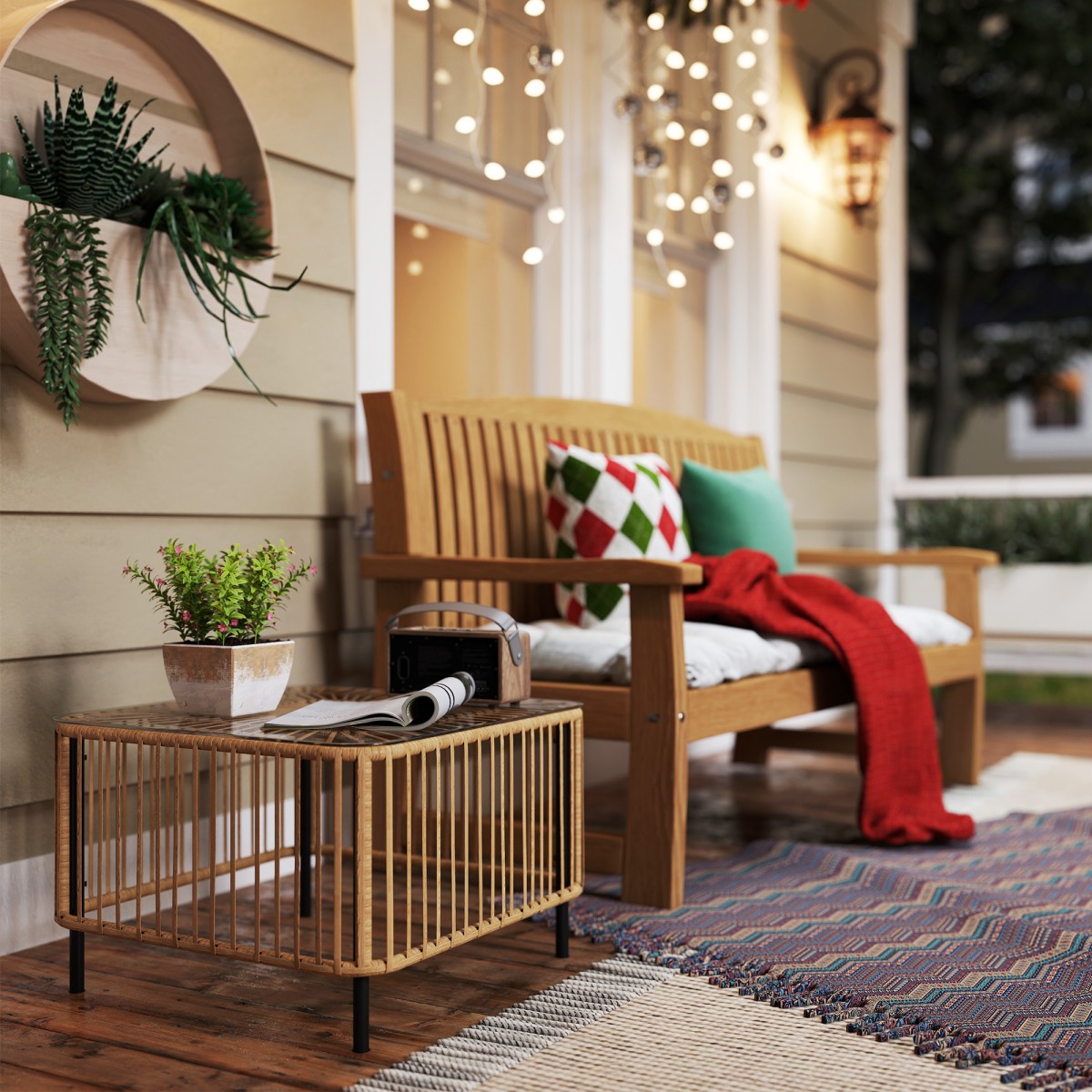 Τραπέζι κήπου Polyrattan, 65 x 65 x 43 cm, αδιάβροχο τετράγωνο βοηθητικό τραπέζι με γυάλινη επιφάνεια από φυσικό ξύλο
